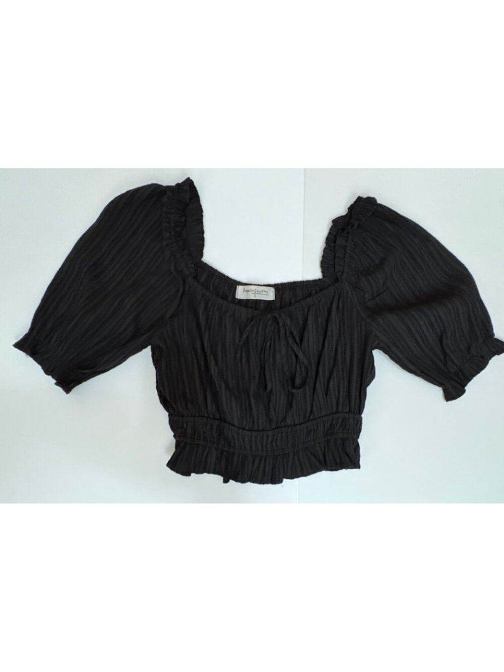 Impressions Black Textured Crop Top | Boho | Puff Sleeve Blouse | Small